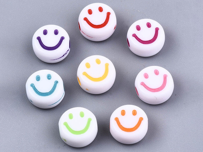achat 20 perles en plastique rondes symbole sourire - blanc et multicolore - 7 mm