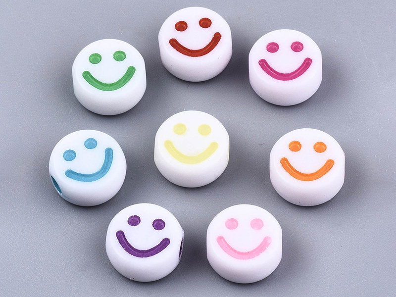 achat 20 perles en plastique rondes symbole sourire - blanc et multicolore - 7 mm