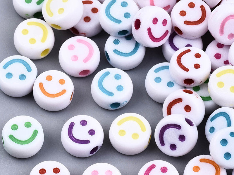 achat 20 perles en plastique rondes symbole sourire - blanc et multicolore - 7 mm