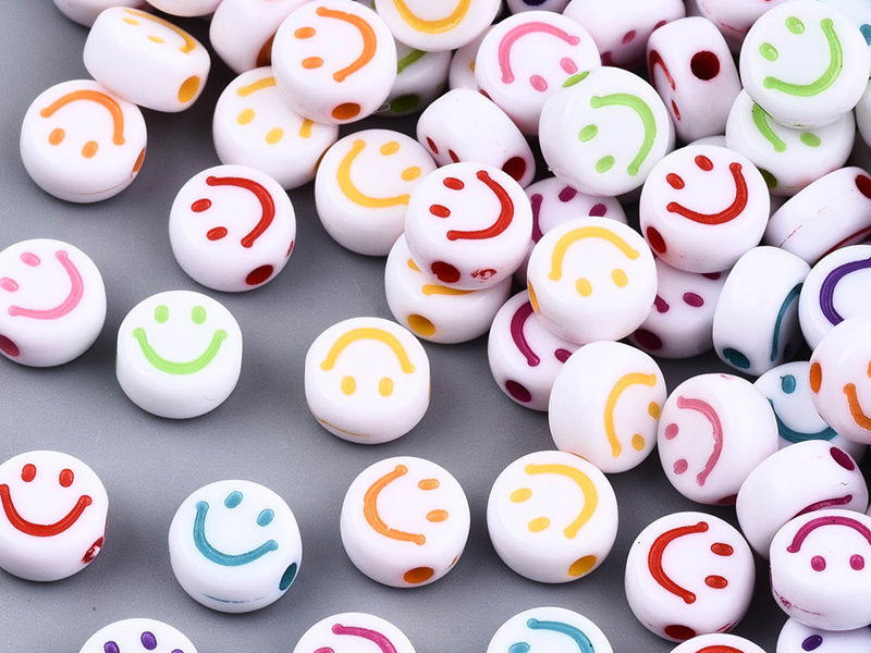achat 20 perles en plastique rondes symbole sourire - blanc et multicolore - 7 mm