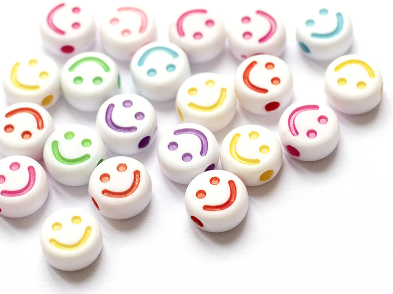achat 20 perles en plastique rondes symbole sourire - blanc et multicolore - 7 mm