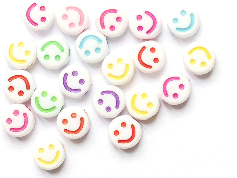 achat 20 perles en plastique rondes symbole sourire - blanc et multicolore - 7 mm
