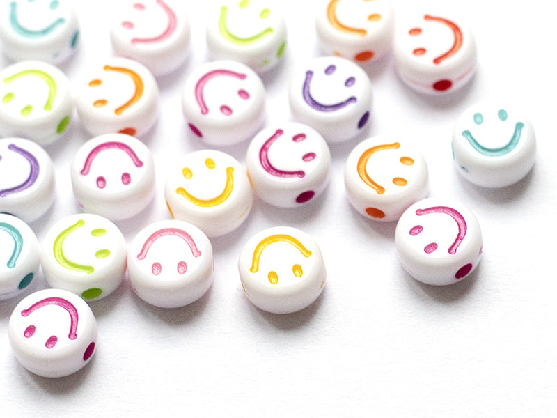 achat 20 perles en plastique rondes symbole sourire - blanc et multicolore - 7 mm