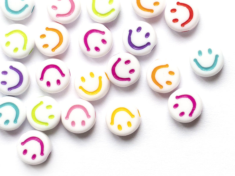 achat 20 perles en plastique rondes symbole sourire - blanc et multicolore - 7 mm