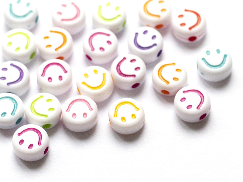 achat 20 perles en plastique rondes symbole sourire - blanc et multicolore - 7 mm