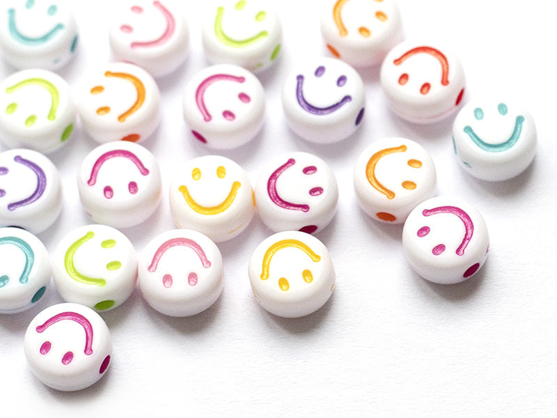 achat 20 perles en plastique rondes symbole sourire - blanc et multicolore - 7 mm