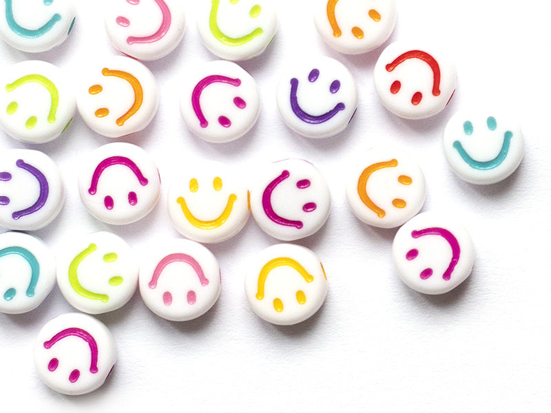achat 20 perles en plastique rondes symbole sourire - blanc et multicolore - 7 mm