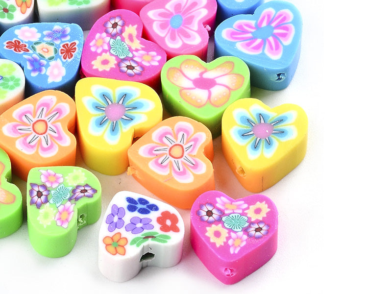 Achat 20 perles cœurs effet millefiori en pâte polymère - multicolore - 9 mm
