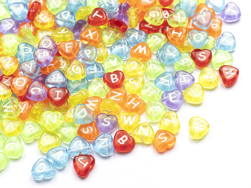 achat 200 perles cœur en plastique - lettres alphabet - 11 mm
