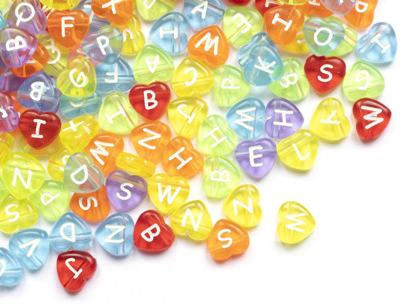 achat 200 perles cœur en plastique - lettres alphabet - 11 mm