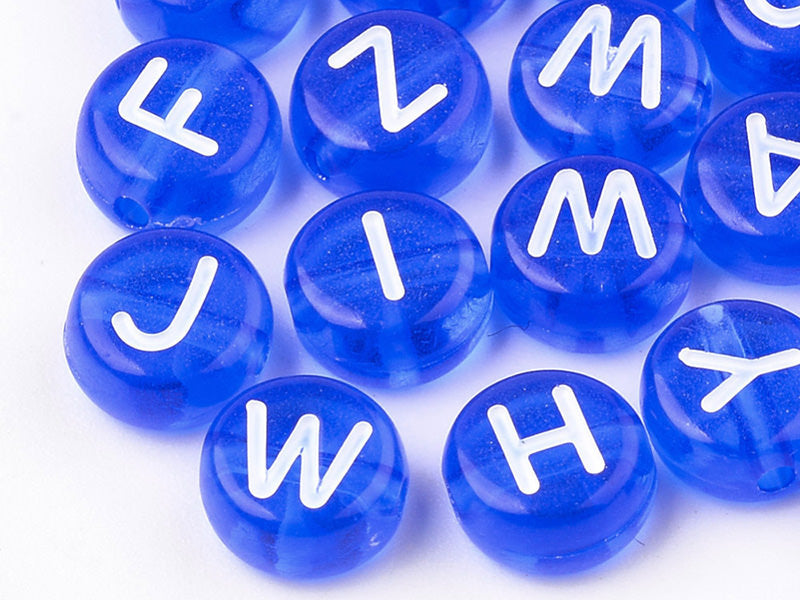 Achat 200 perles rondes en plastique - lettres alphabet - bleu roi transparent - 7 mm