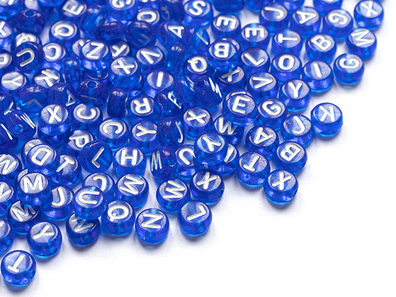 Achat 200 perles rondes en plastique - lettres alphabet - bleu roi transparent - 7 mm