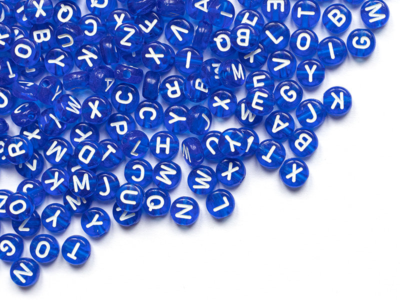 achat 200 perles rondes en plastique - lettres alphabet - bleu roi transparent - 7 mm