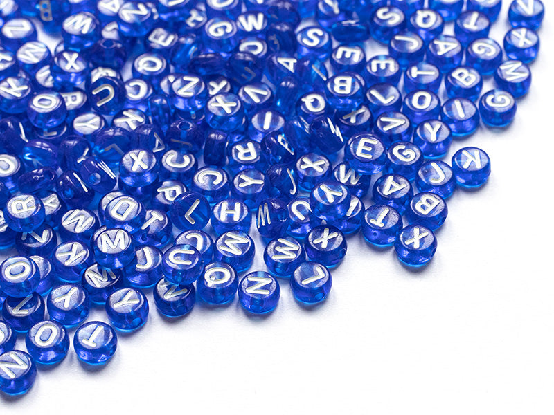 achat 200 perles rondes en plastique - lettres alphabet - bleu roi transparent - 7 mm