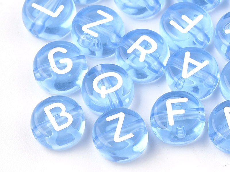 achat 200 perles rondes en plastique - lettres alphabet - bleu claur transparent - 7 mm