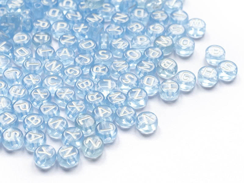 Achat 200 perles rondes en plastique - lettres alphabet - bleu claur transparent - 7 mm
