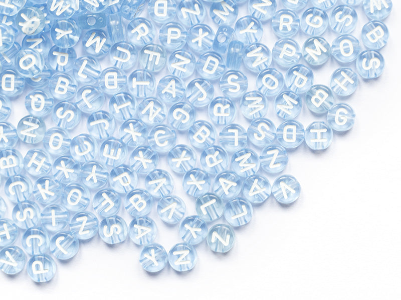 achat 200 perles rondes en plastique - lettres alphabet - bleu claur transparent - 7 mm