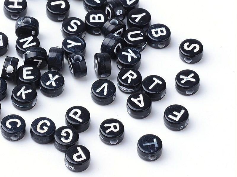 achat 200  perles rondes en plastique - lettres alphabet - noir et blanc - 7 mm