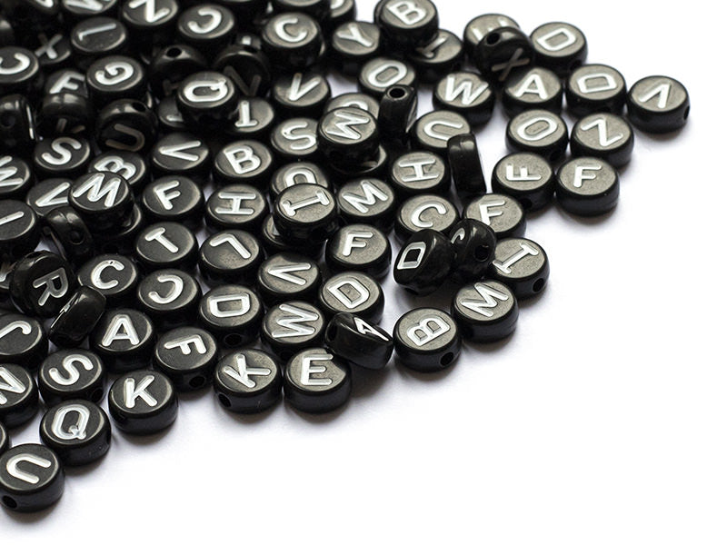 achat 200  perles rondes en plastique - lettres alphabet - noir et blanc - 7 mm