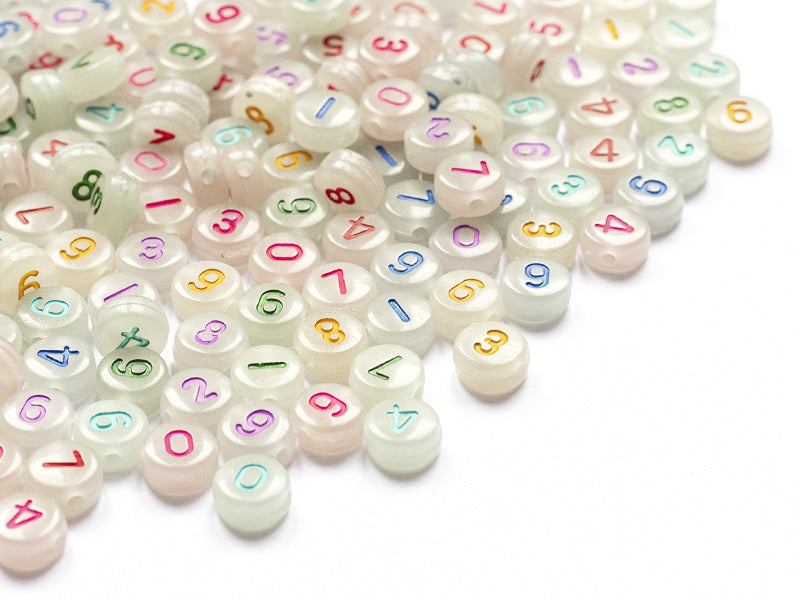 achat 200 perles rondes en plastique - chiffres et numéros - phosphorescent et multicolore - 7 mm