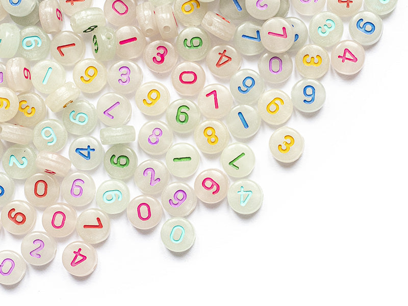 achat 200 perles rondes en plastique - chiffres et numéros - phosphorescent et multicolore - 7 mm