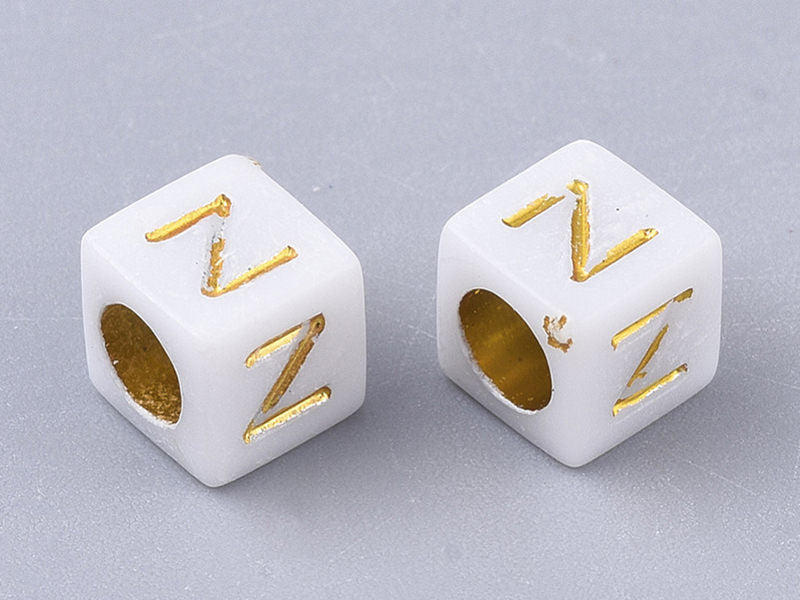 achat 200 mini perles carrées - cubes en plastique - lettres alphabet - blanc et doré - 4,5 mm