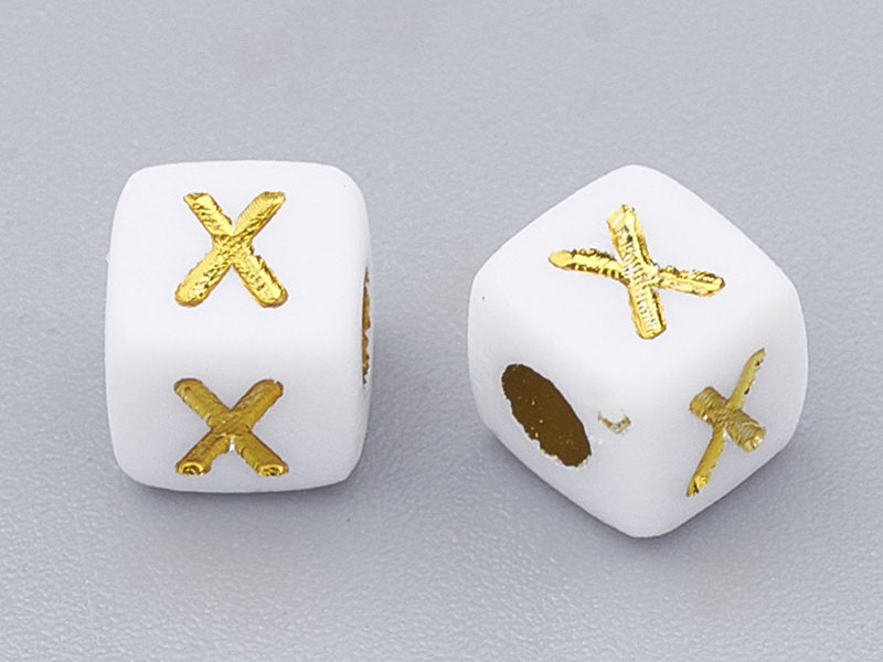 achat 200 mini perles carrées - cubes en plastique - lettres alphabet - blanc et doré - 4,5 mm