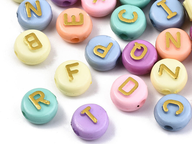 Achat 200 grosses perles rondes en plastique - lettre alphabet - pastel - 10 mm