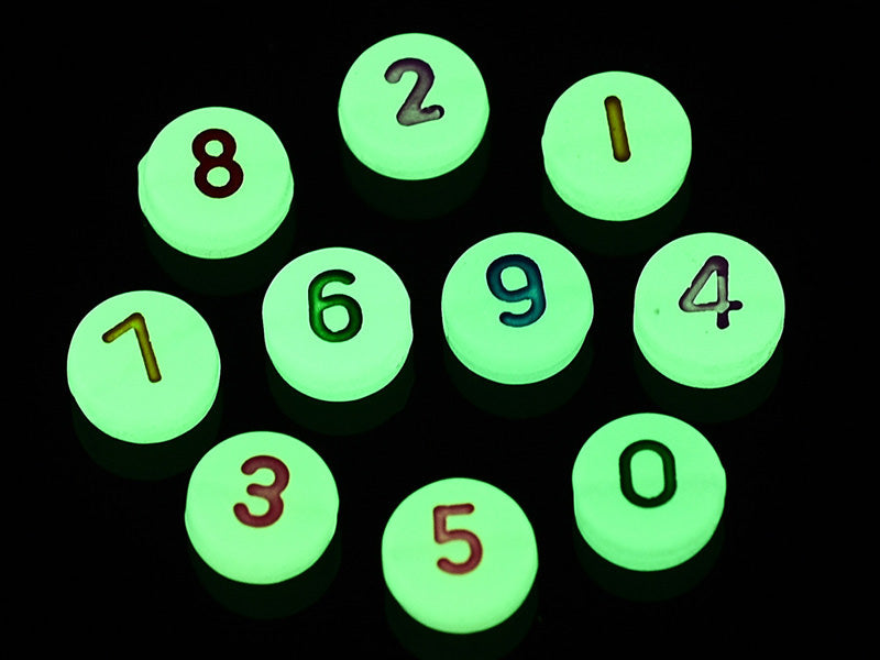 achat 200 perles rondes en plastique - chiffres et numéros - phosphorescent et multicolore - 7 mm