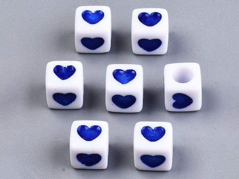 achat 20 perles en plastique cubes symbole coeur  - bleu - 7 mm