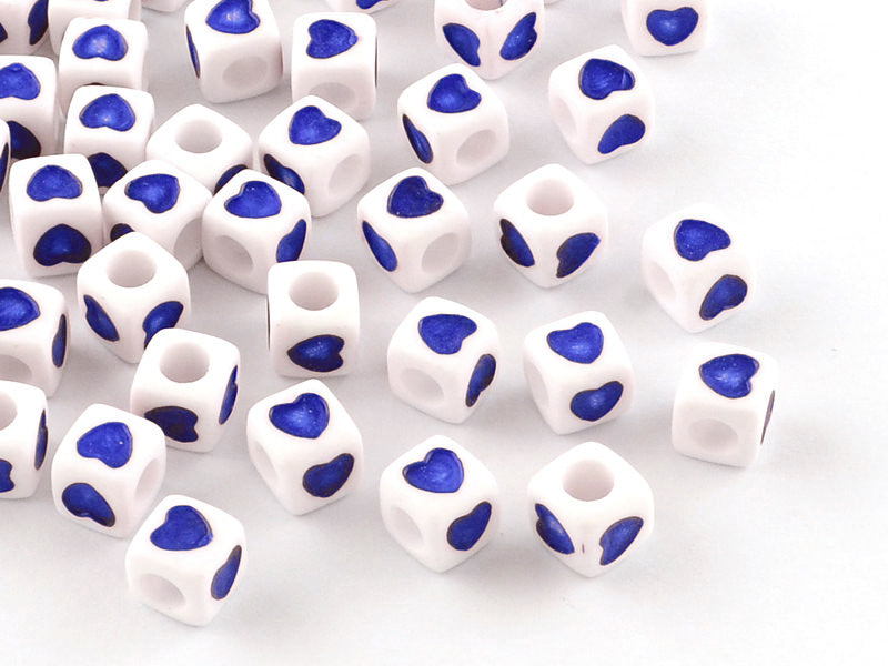Achat 20 perles en plastique cubes symbole coeur  - bleu - 7 mm