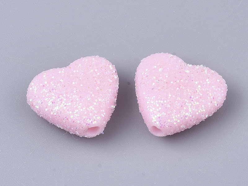 achat 50 perles en plastique - coeur rose pailletté - 12 mm