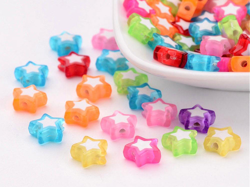 Achat 50 perles en plastique étoiles - transparent et blanc - 9x10 mm