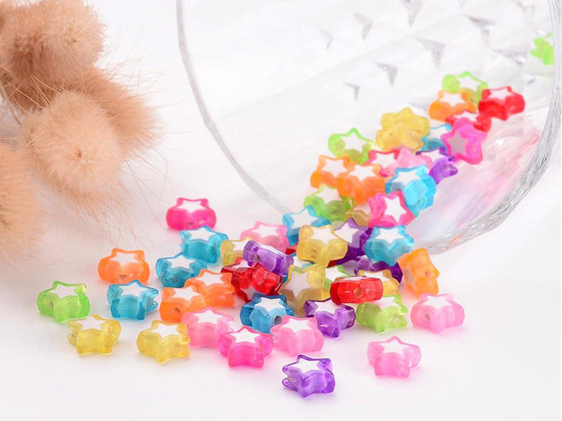 achat 50 perles en plastique étoiles - transparent et blanc - 9x10 mm