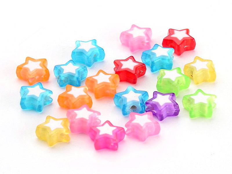 achat 50 perles en plastique étoiles - transparent et blanc - 9x10 mm