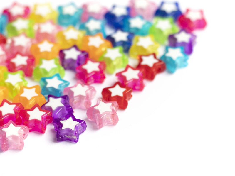 achat 50 perles en plastique étoiles - transparent et blanc - 9x10 mm