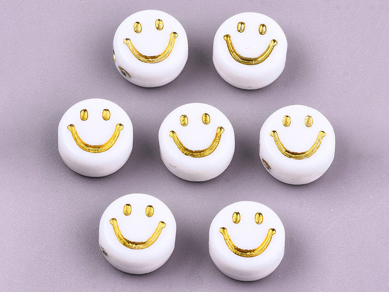 Achat 20 perles en plastique rondes symbole sourire - blanc et doré - 7 mm