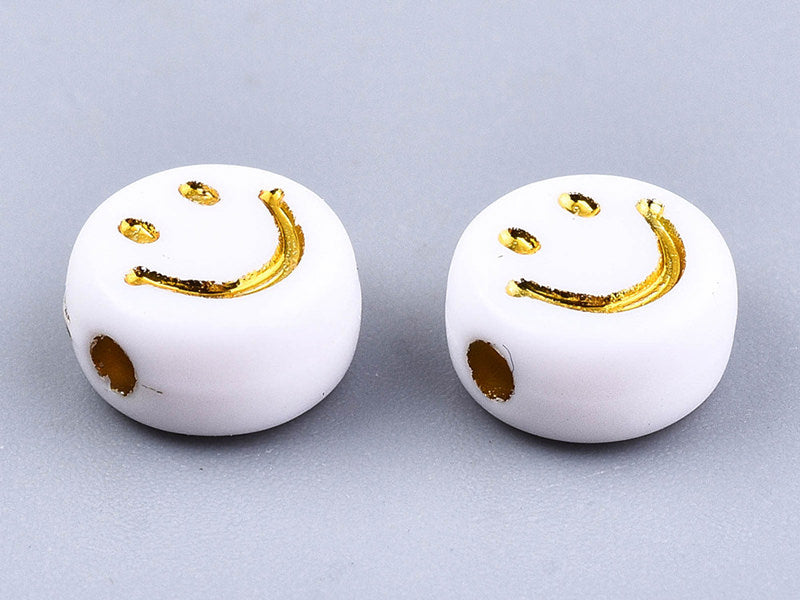 achat 20 perles en plastique rondes symbole sourire - blanc et doré - 7 mm