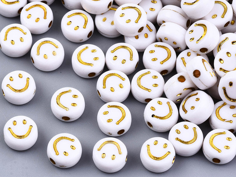 achat 20 perles en plastique rondes symbole sourire - blanc et doré - 7 mm