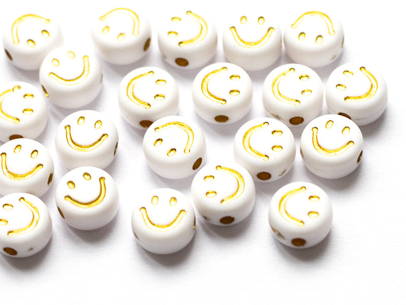 achat 20 perles en plastique rondes symbole sourire - blanc et doré - 7 mm