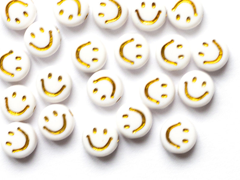 achat 20 perles en plastique rondes symbole sourire - blanc et doré - 7 mm