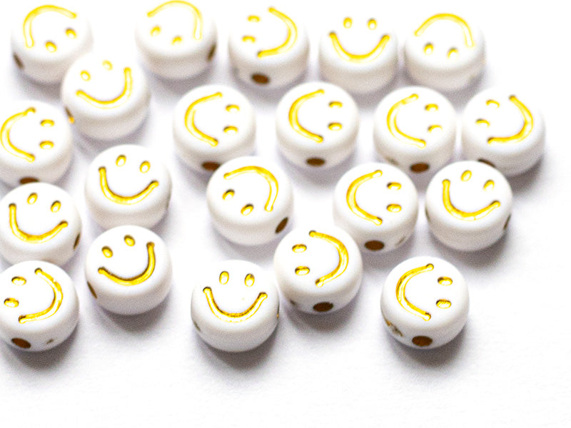 Achat 20 perles en plastique rondes symbole sourire - blanc et doré - 7 mm
