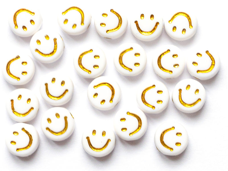 achat 20 perles en plastique rondes symbole sourire - blanc et doré - 7 mm