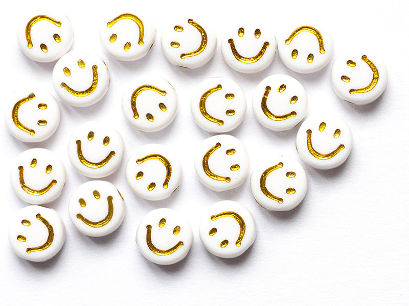 achat 20 perles en plastique rondes symbole sourire - blanc et doré - 7 mm