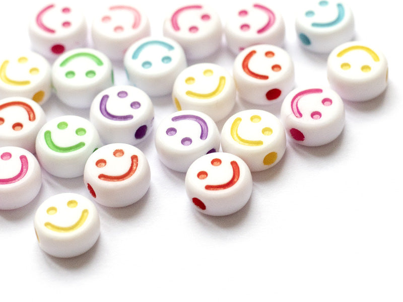 achat 20 perles en plastique rondes symbole sourire - blanc et multicolore - 10 mm