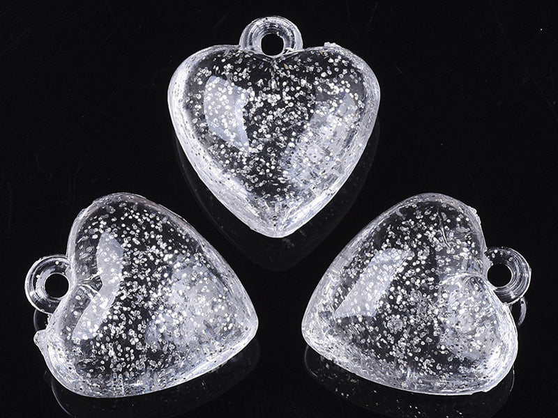 achat 10 perles en plastique - coeur transparents à paillettes - 22 mm