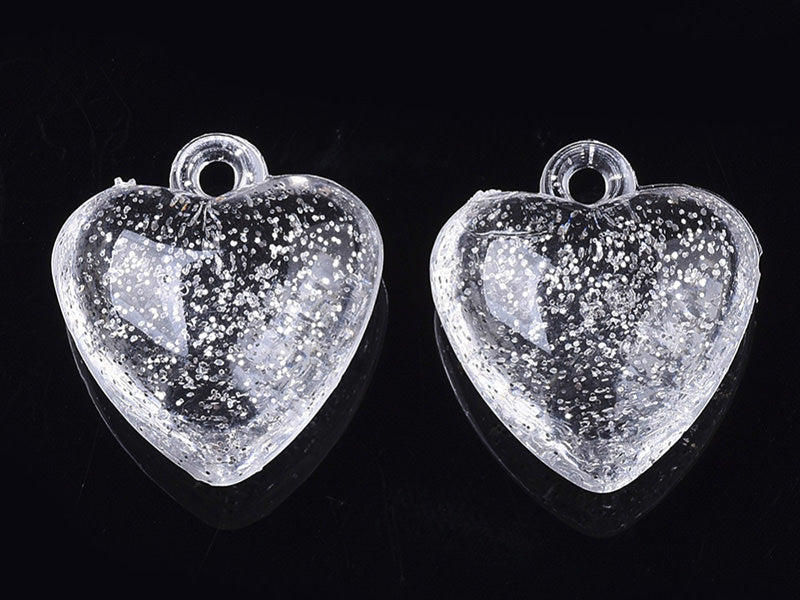 achat 10 perles en plastique - coeur transparents à paillettes - 22 mm