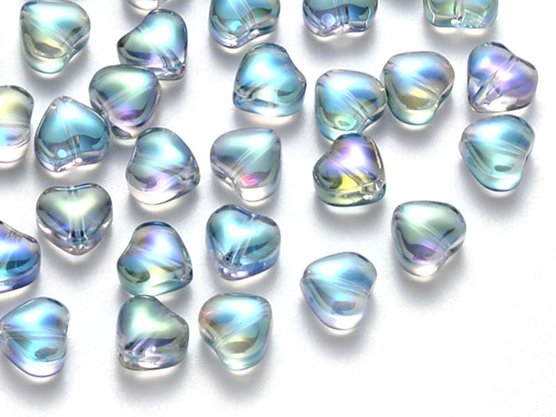 Achat 20 perles en verre - petit cœur bleu effet holographique - 6 mm