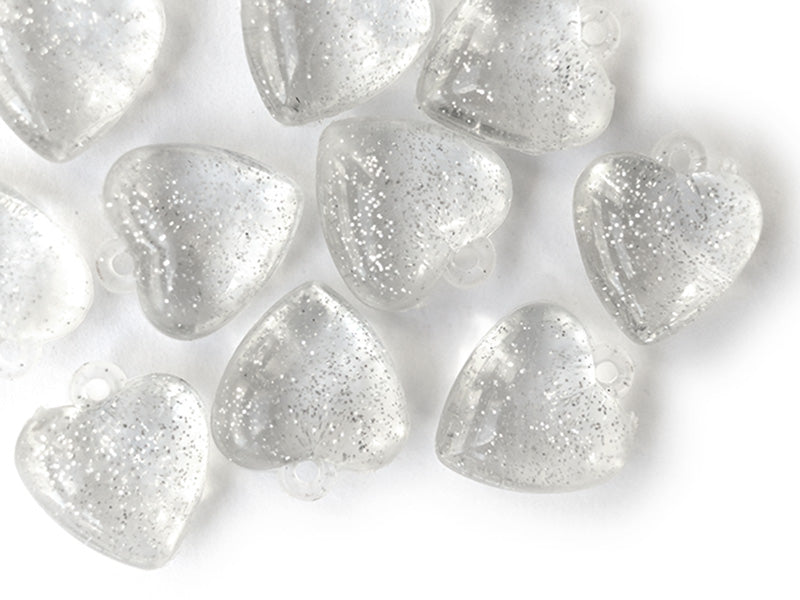 Achat 10 perles en plastique - coeur transparents à paillettes - 22 mm