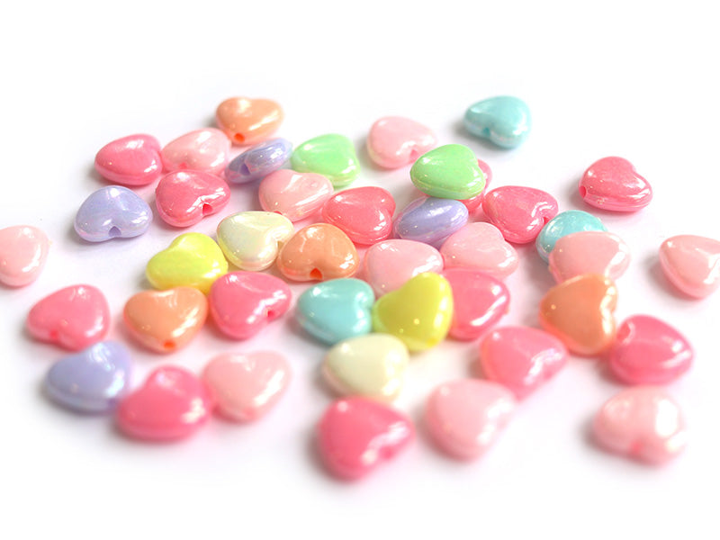 Achat 50 perles en plastique cœur - pastel nacré - 11x12mm